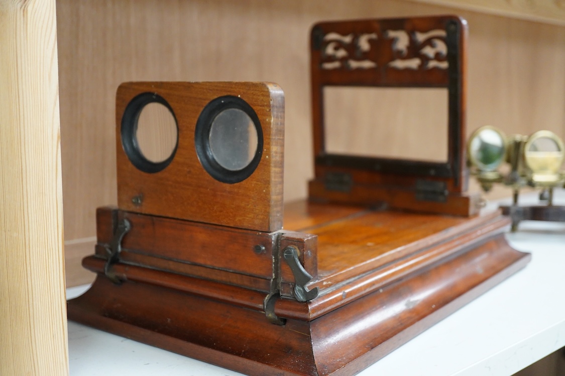 A mid to late 19th century mahogany Rowsell type tabletop folding combined Graphoscope and Stereoscope viewer, unsigned and without any retailer’s label